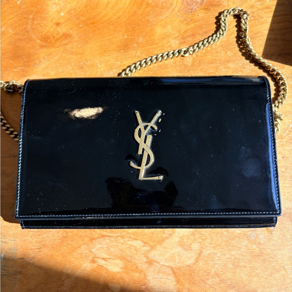 Saint Laurent Black Patent Leather Monogram Chain Shoulder Bag
